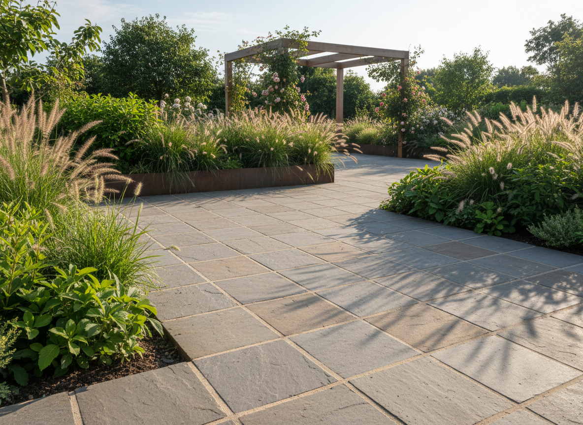 Neu angelegte Terrasse mit Natursteinplatten